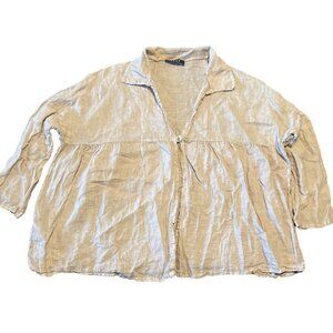 Saga Womens Beige 100% Linen Buttoned Babydoll‎ Tunic Top  Italy 3/4 Sleeve